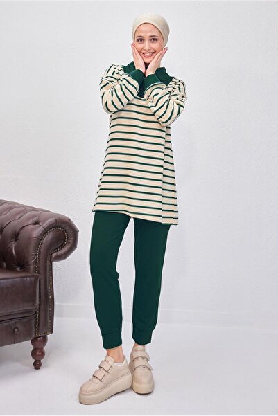 TRENDTESETTÜR WOMEN'S GREEN (ZEMRUT) STRIPED PANT SUIT T 8643