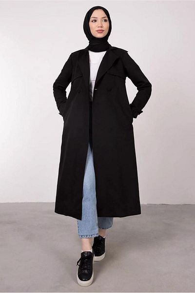 TRENDTESETTÜR Γυναικεία μαύρη καμπαρντίνα με διπλό γιακά με ζώνη και τσέπες T 1331