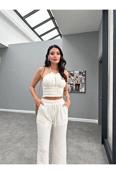 Glysso Ecru Muslin Women's Bustier and Pants Set - Halter Neck