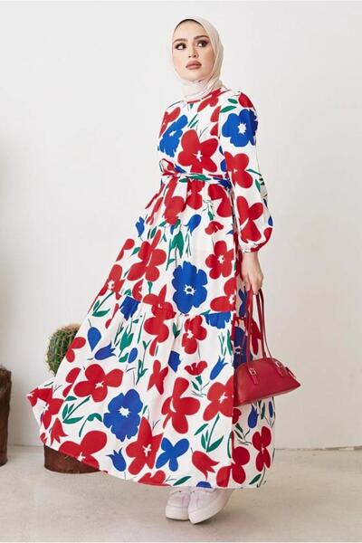 TRENDTESETTÜR فستان نسائي منقوش بالزهور باللون الأحمر مع وشاح T 404