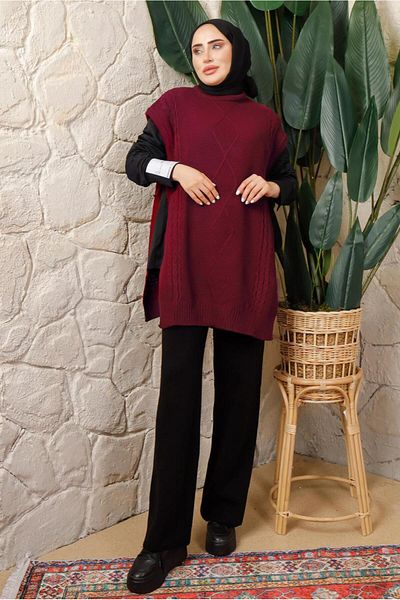 TRENDTESETTÜR Women's Claret Red Side Tie Detailed Sleeveless Knitwear Poncho T 5208