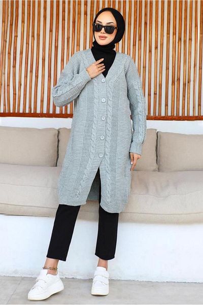 TRENDTESETTÜR Women's Gray Long Knitwear Cardigan T 0763