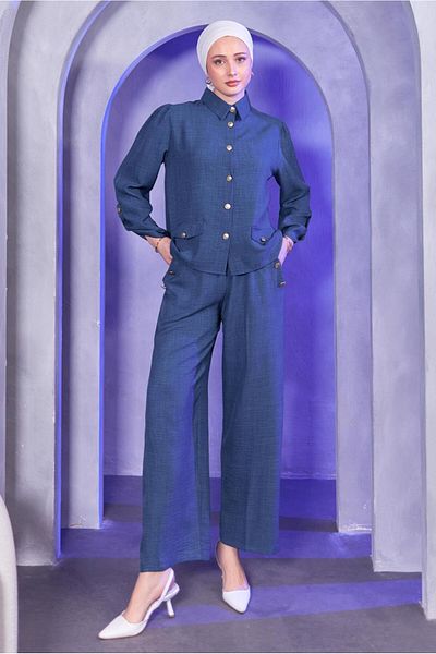 TRENDTESETTÜR ΓΥΝΑΙΚΕΙΟ ΣΕΤ ΠΟΥΚΑΜΙΣΟ ΣΚΟΥΡΟ ΜΠΛΕ (INDIGO) ΜΕ ΠΑΝΤΕΛΟΝΙ ΠΟΥΚΑΜΙΣΟ T 7683