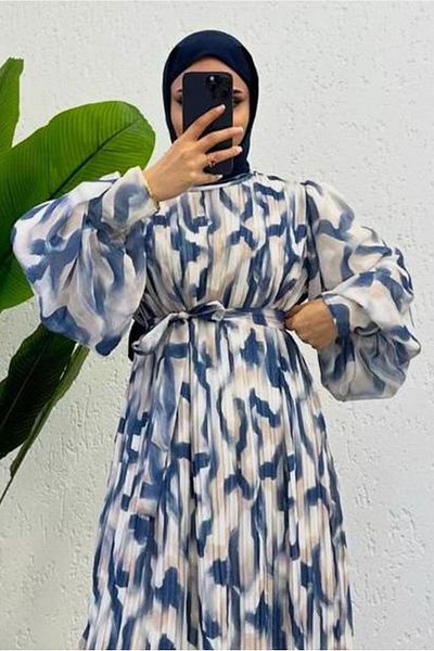 TRENDTESETTÜR Navy Blue Indigo Belted Chiffon Women's Dress - T 0985-1