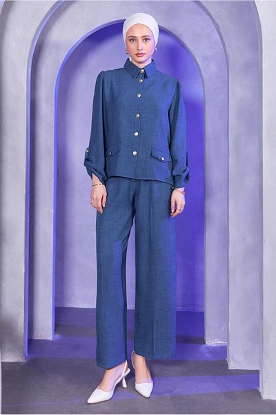 TRENDTESETTÜR ΓΥΝΑΙΚΕΙΟ ΣΕΤ ΠΟΥΚΑΜΙΣΟ ΣΚΟΥΡΟ ΜΠΛΕ (INDIGO) ΜΕ ΠΑΝΤΕΛΟΝΙ ΠΟΥΚΑΜΙΣΟ T 7683