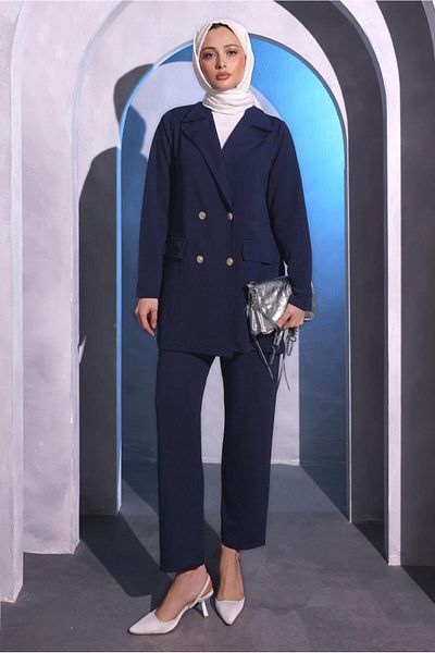 TRENDTESETTÜR Γυναικείο Σετ Παντελόνι Navy Blue με διπλό γιακά - T 7014