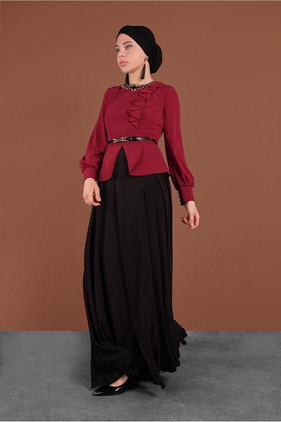 TRENDTESETTÜR فستان سهرة نسائي باللون العنابي (الكرز) مزين بالأحجار T 3048