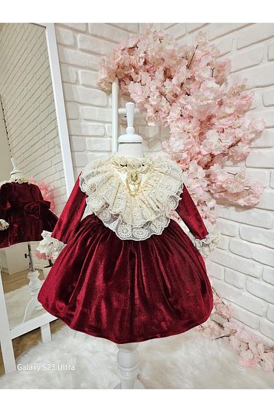 Hly Karol Tasarım Burgundy Velvet Baby Girl Dress, Birthday Dress, Photo Shoot Dress, Suitable for Ages 0-12