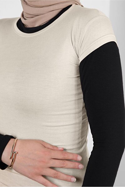 TRENDTESETTÜR Beige Short Sleeve Crew Neck Women's Bodysuit - T 1003