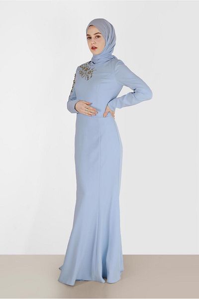TRENDTESETTÜR Γυναικείο Μπλε (ICE BLUE) Βραδινό Φόρεμα με Χάντρες T 5399