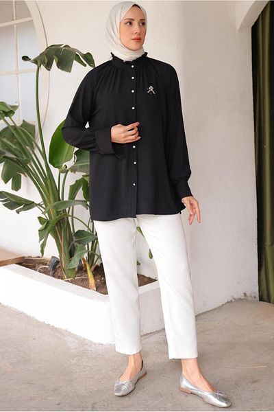 TRENDTESETTÜR WOMEN'S BLACK BROOCHE DETAILED SHIRT TUNIC T 93616
