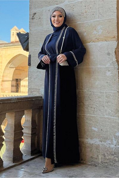TRENDTESETTÜR WOMEN'S DARK BLUE BELLOWED ABAYA SUIT T 3948