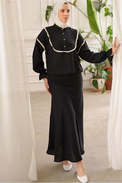TRENDTESETTÜR WOMEN'S BLACK LACE DETAILED SKIRT SUIT T 8702