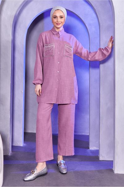 TRENDTESETTÜR WOMEN'S PURPLE (LILA) STONE DETAILED PANT SUIT T 8683