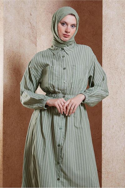 TRENDTESETTÜR Green Striped Women's Hijab Dress - T 2002