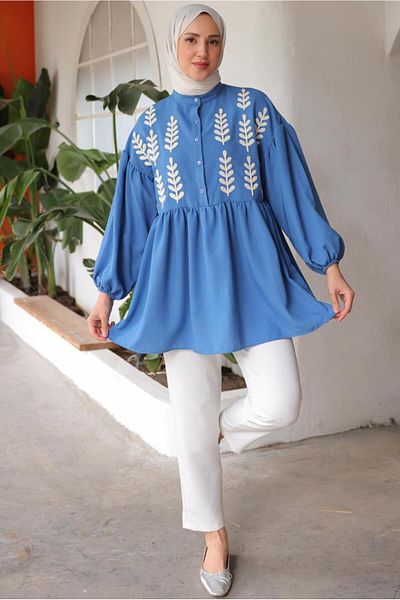TRENDTESETTÜR Navy Blue Indigo Leaf Patterned Tunic Shirt - T 6302