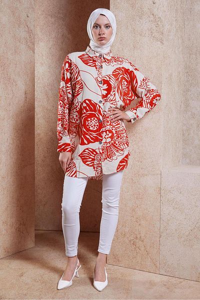 TRENDTESETTÜR Red Patterned Cotton Saw Tunic - T 3818