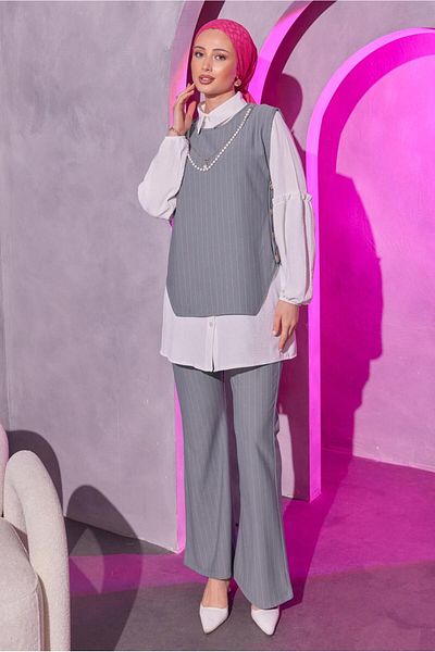 TRENDTESETTÜR Gray Chain Detailed Three-Pants Women's Set - T 1404
