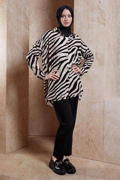 TRENDTESETTÜR Zebra Patterned Black-Mink Shirt Tunic - Women's T 2017