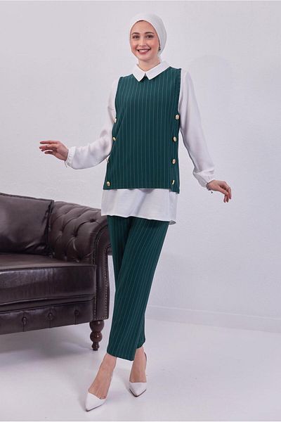 TRENDTESETTÜR Women's Blue (Petrol) Shirt Collar Striped Triple Vest Suit t 5443
