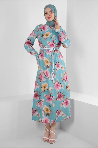 TRENDTESETTÜR Γυναικείο κρεπ φόρεμα Aqua Patterned - T 42889
