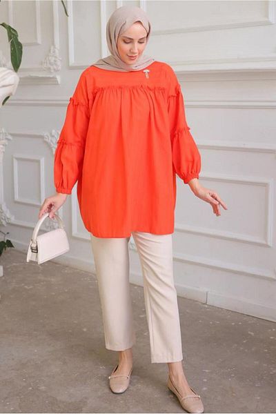 TRENDTESETTÜR Orange (Orange) Women's Tunic with Brooch Detail - T 74616
