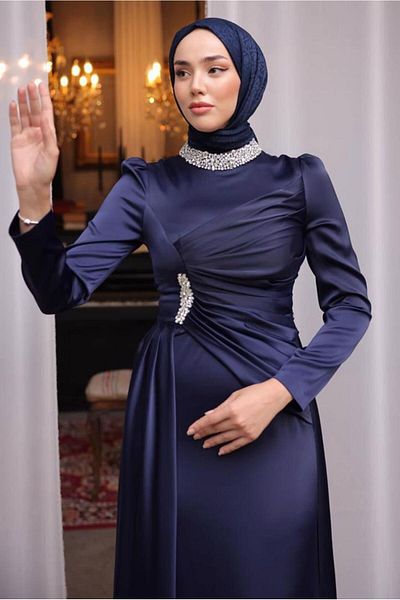 TRENDTESETTÜR WOMEN'S NAVY BLUE STONE SATIN GOWN DRESS T 7654