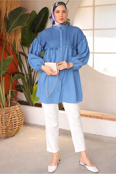 TRENDTESETTÜR WOMEN'S DARK BLUE (NDIGO) BALLOON SLEEVE SHIRT TUNIC T 8202