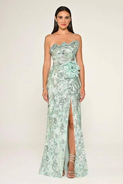 ALFABETA STRAPLEZ ASİMETRİK  PAYETLİ ÇİÇEKLİ YIRTMAÇLI ŞIK ABİYE ELBİSE