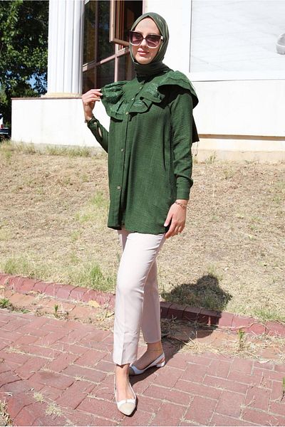 TRENDTESETTÜR Khaki Tunic - Women's, Ruffle Detail, T 5347