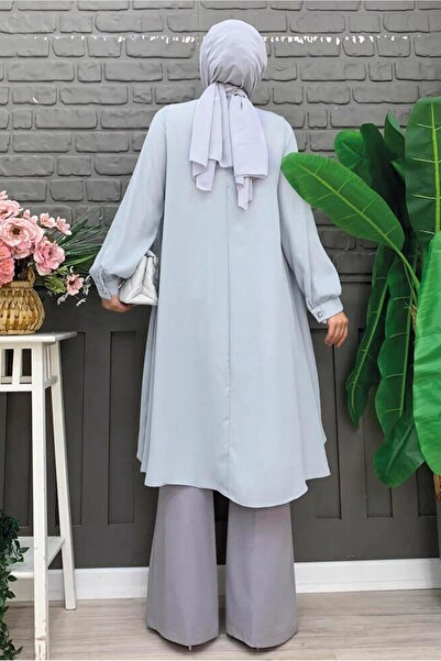 TRENDTESETTÜR WOMEN'S GRAY COLLAR TIE-UP CHIFFON CREPE TUNIC T 4542