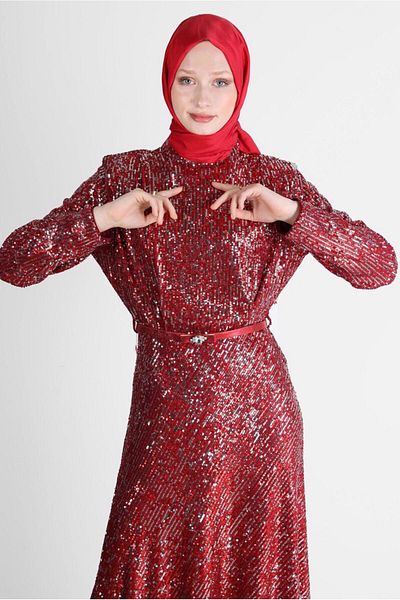 TRENDTESETTÜR Red Sequined Women's Evening Dress - t 50235