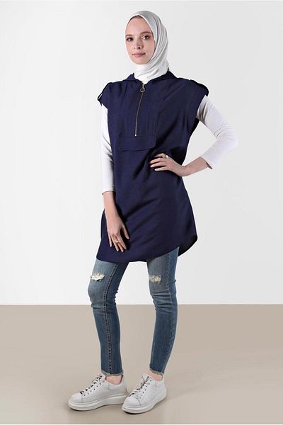 TRENDTESETTÜR Navy Blue Hooded Women's Tunic - Dark Blue T 42767