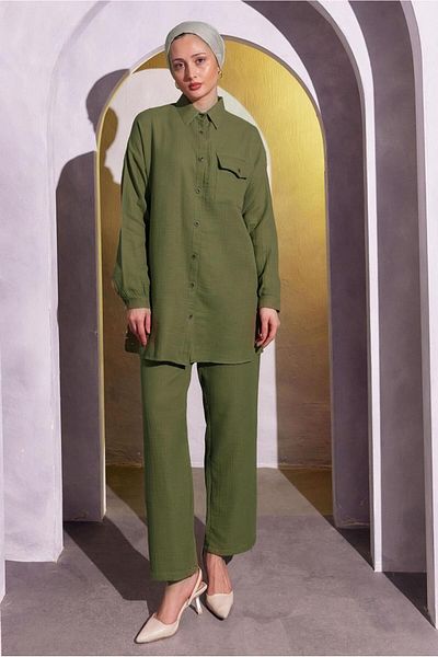 TRENDTESETTÜR Σετ γυναικείο παντελόνι Khaki Muslin - T 3904