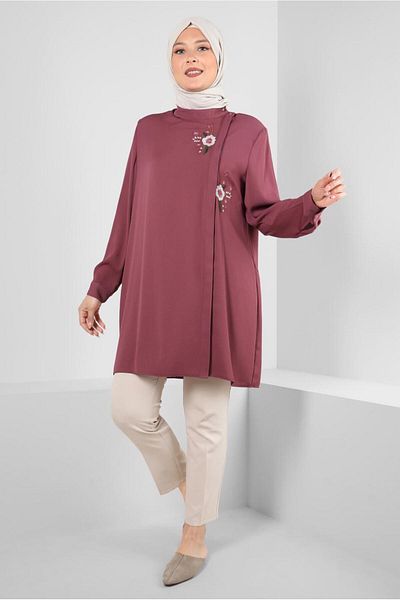 TRENDTESETTÜR Large Size Embroidered Pink Tunic - Dried Rose T 20247
