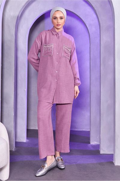 TRENDTESETTÜR WOMEN'S PURPLE (LILA) STONE DETAILED PANT SUIT T 8683