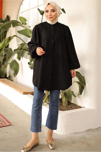 TRENDTESETTÜR WOMEN'S BLACK BALLON SLEEVE SHIRT TUNIC T 7202