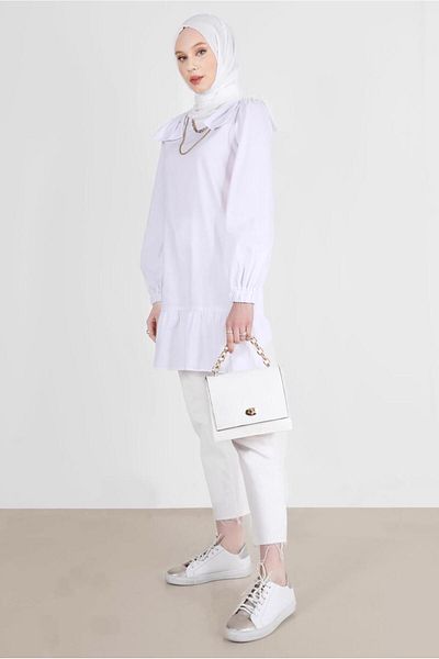 TRENDTESETTÜR Cream Colored Women's Tunic - Bow Detail, Model 42663