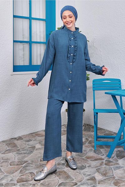 TRENDTESETTÜR ΓΥΝΑΙΚΕΙΟ ΣΕΤ ΣΚΟΥΡΟ ΜΠΛΕ (INDIGO) ΠΑΝΤΕΛΟΝΙ ΜΕ ΛΕΠΤΟΜΕΡΗ ΣΤΟΜΑΤΑ T 0383