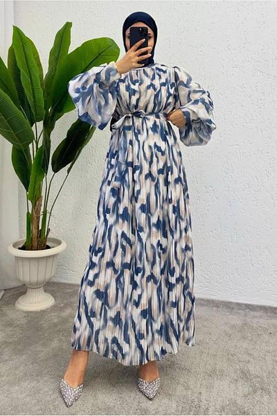 TRENDTESETTÜR Navy Blue Indigo Belted Chiffon Women's Dress - T 0985-1