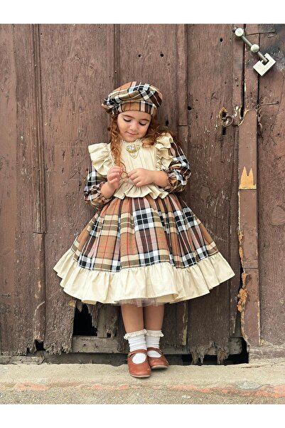 Hly Karol Tasarım Καρό καρό κοριτσίστικο φόρεμα Cappuccino, φόρεμα γενεθλίων, φόρεμα φωτογράφισης, Κατάλληλο για ηλικία 0-12