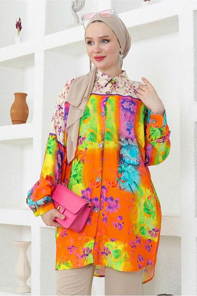 TRENDTESETTÜR Purple Lavender Patterned Cotton Women's Tunic Shirt - T 3852