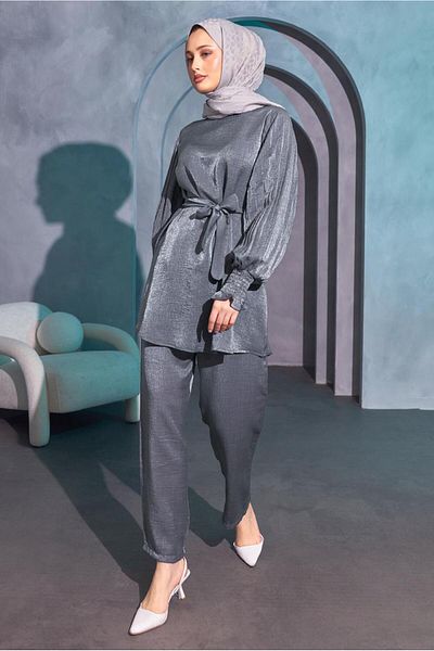 TRENDTESETTÜR Gray Belted Women's Trousers Set - T 3514