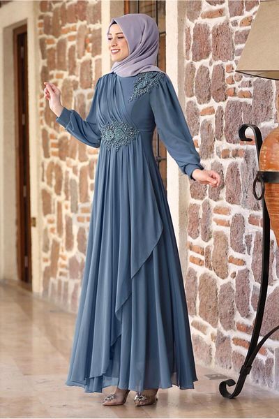 TRENDTESETTÜR FEMEI ALBASTRU ÎNCHIS (Indigo) ROCHIE DE SEARA DETALATĂ DE BRODARE CU MÂRGELE T 9153