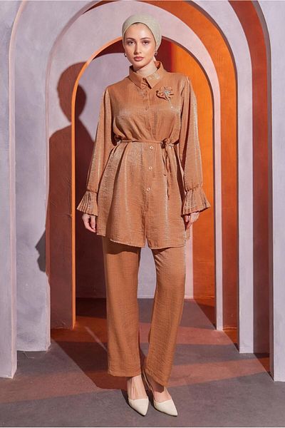 TRENDTESETTÜR WOMEN'S ORANGE (MANGO) BROSH DETAILED PANT SET T 1204