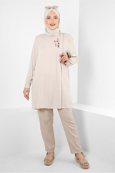 TRENDTESETTÜR Κεντημένο μπεζ τουνίκ Plus Size - Stone T 20247