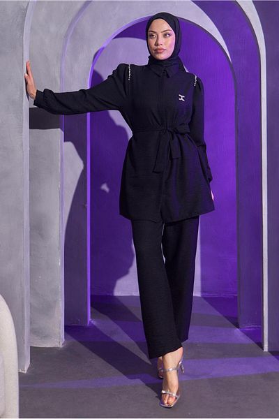 TRENDTESETTÜR WOMEN'S BLACK BROOCHE DETAILED PANT SUIT T 1193