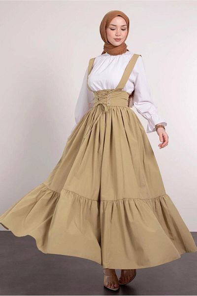 TRENDTESETTÜR Γυναικείο φόρεμα CAMEL καφέ χρώματος Salopet - Μέση με κορδόνια T 60042