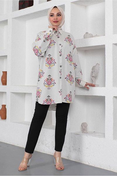 TRENDTESETTÜR Beige-Fuchsia Patterned Cotton Women's Tunic Shirt - T 3521