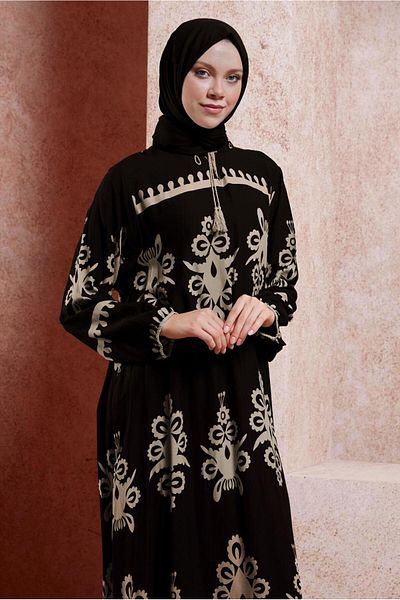 TRENDTESETTÜR Μαύρο μοτίβο Mink Hijab Φόρεμα - Γυναικείο T 5232